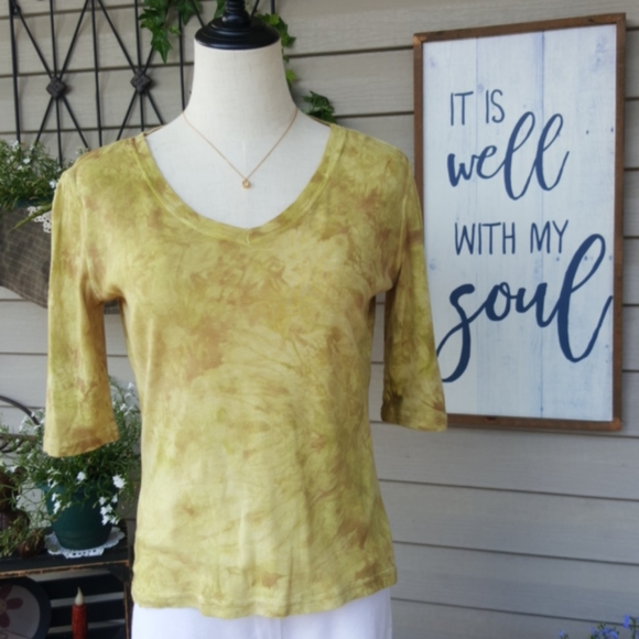 ELEGANTISSIMO FIRENZE ♡ Sweet Vintage Lime Green Tie-Dye Long Short Sleeve Top S - Picture 1 of 12